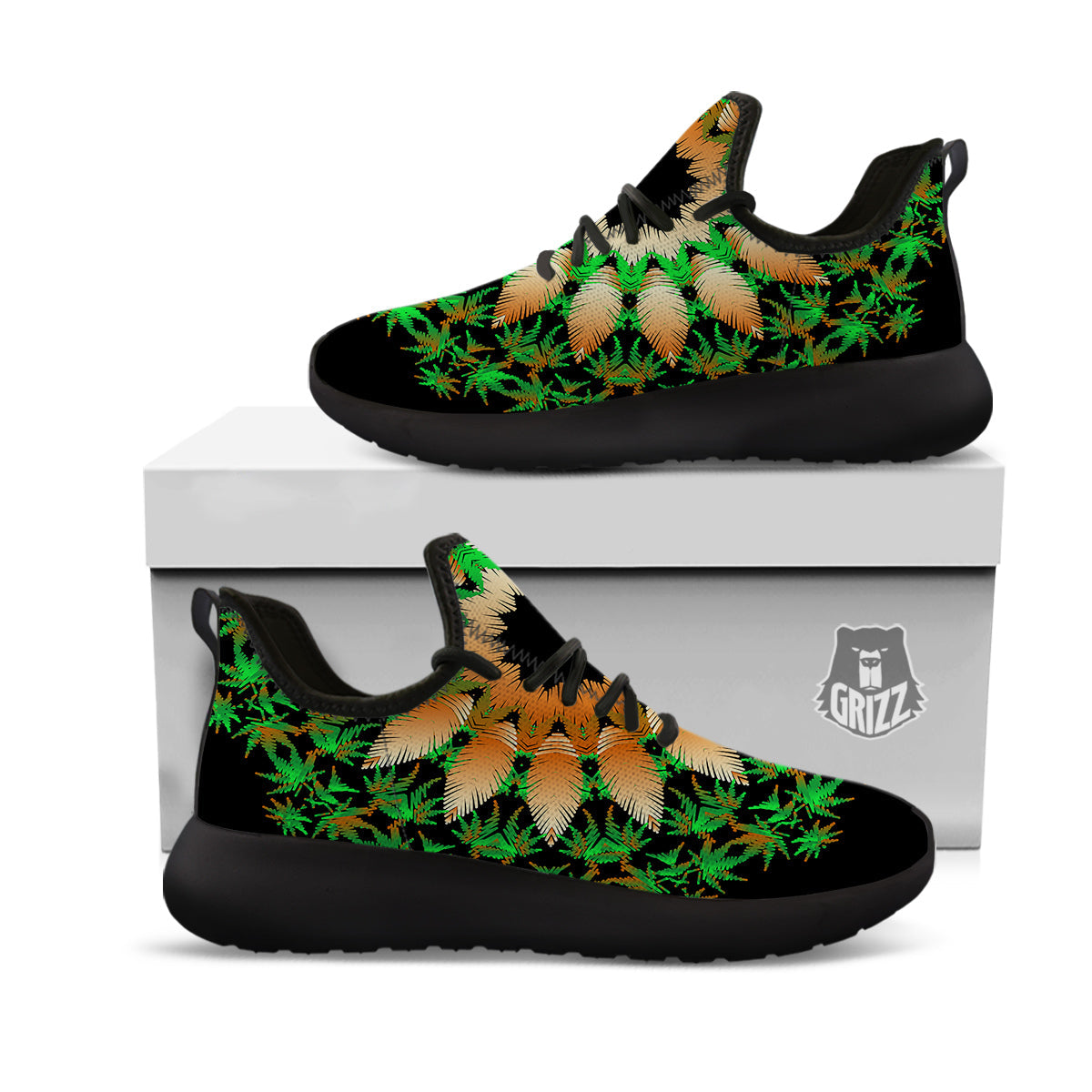 Mandala Cannabis Leaf Print Black Athletic Shoes-grizzshop