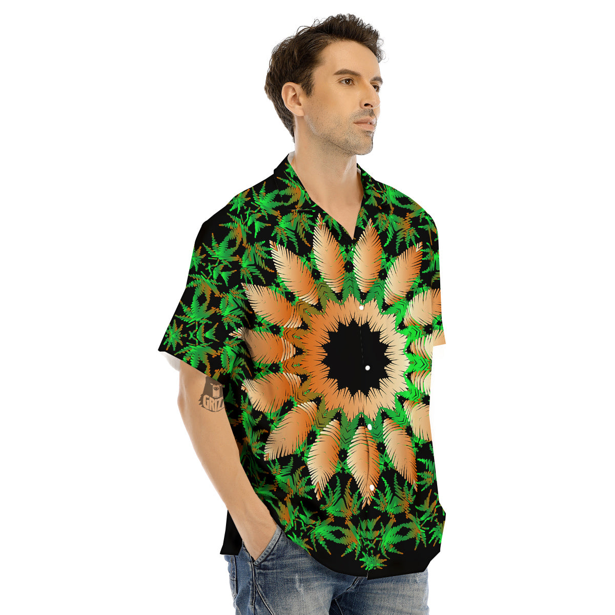 Mandala Cannabis Leaf Print Men's Hawaiian Shirt-grizzshop