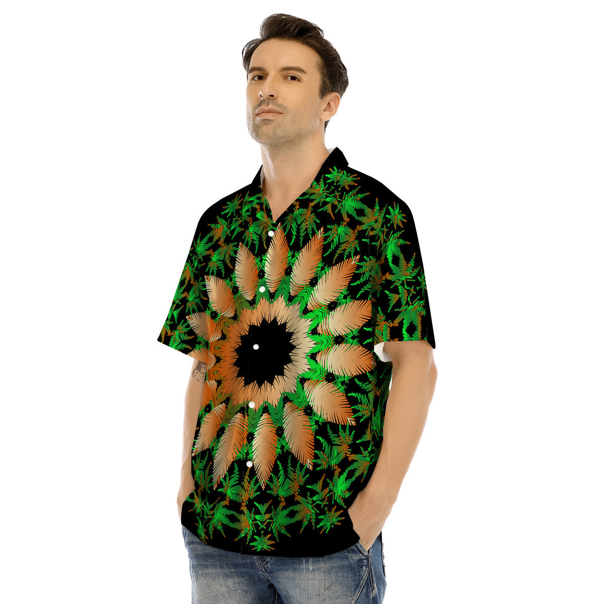 Mandala Cannabis Leaf Print Men's Hawaiian Shirt-grizzshop