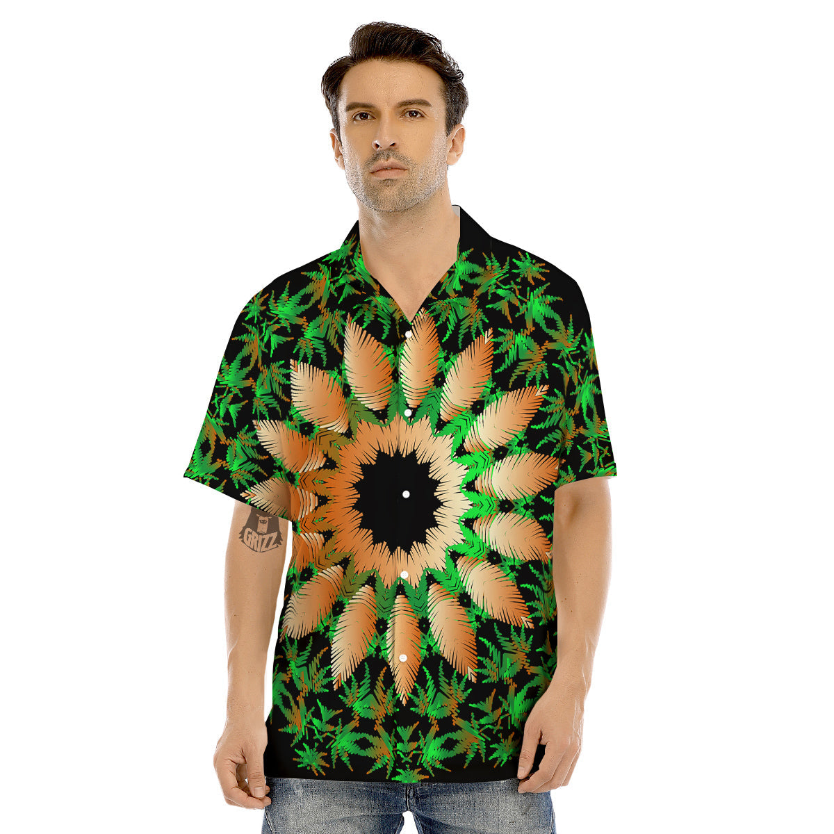 Mandala Cannabis Leaf Print Men's Hawaiian Shirt-grizzshop