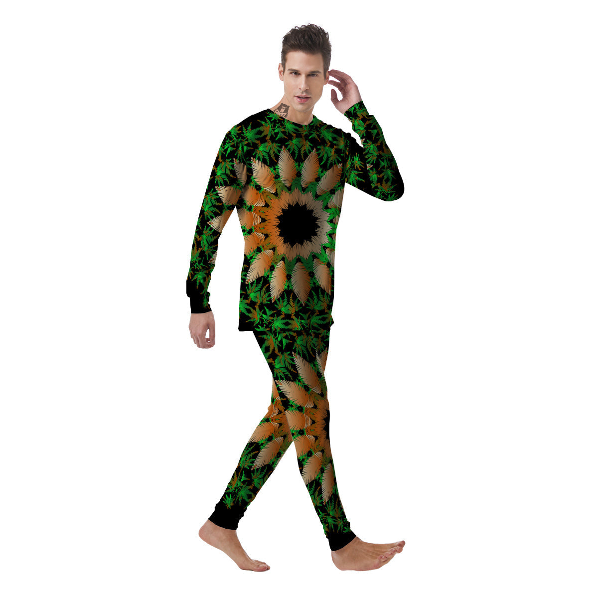 Mandala Cannabis Leaf Print Men's Pajamas-grizzshop