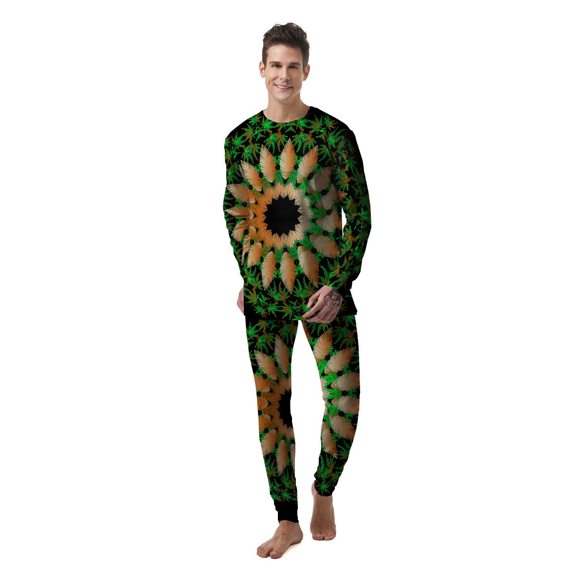 Mandala Cannabis Leaf Print Men's Pajamas-grizzshop