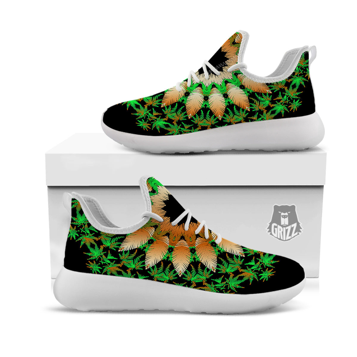 Mandala Cannabis Leaf Print White Athletic Shoes-grizzshop