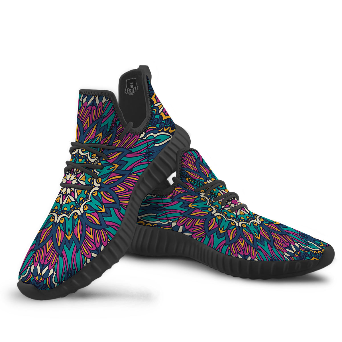 Mandala Coloful Print Black Walking Shoes-grizzshop