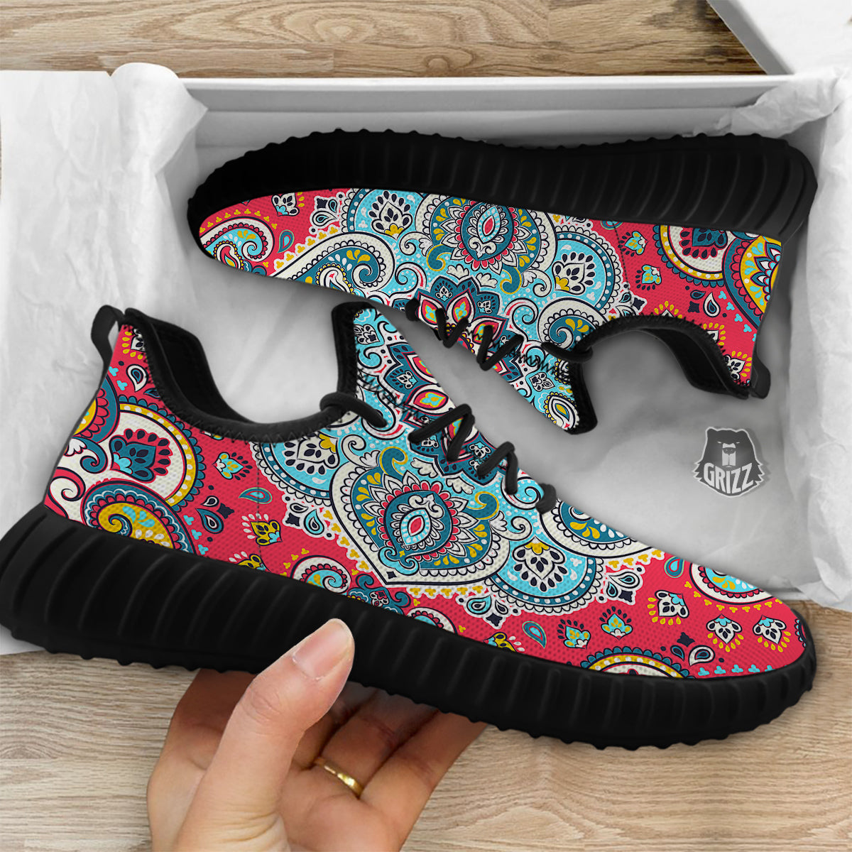 Mandala Floral Colorful Print Black Walking Shoes-grizzshop