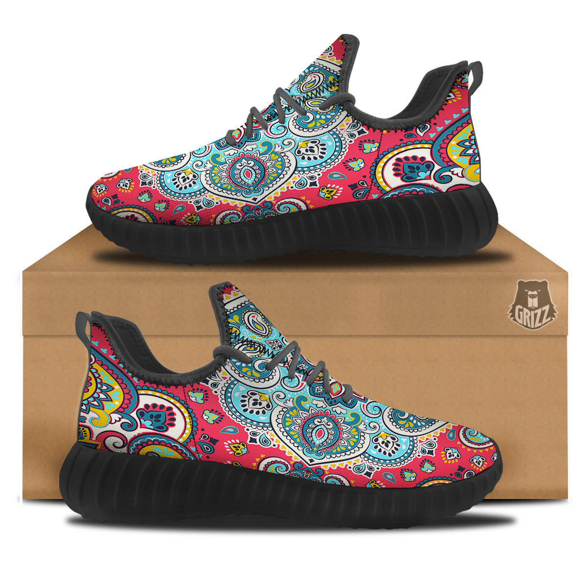Mandala Floral Colorful Print Black Walking Shoes-grizzshop