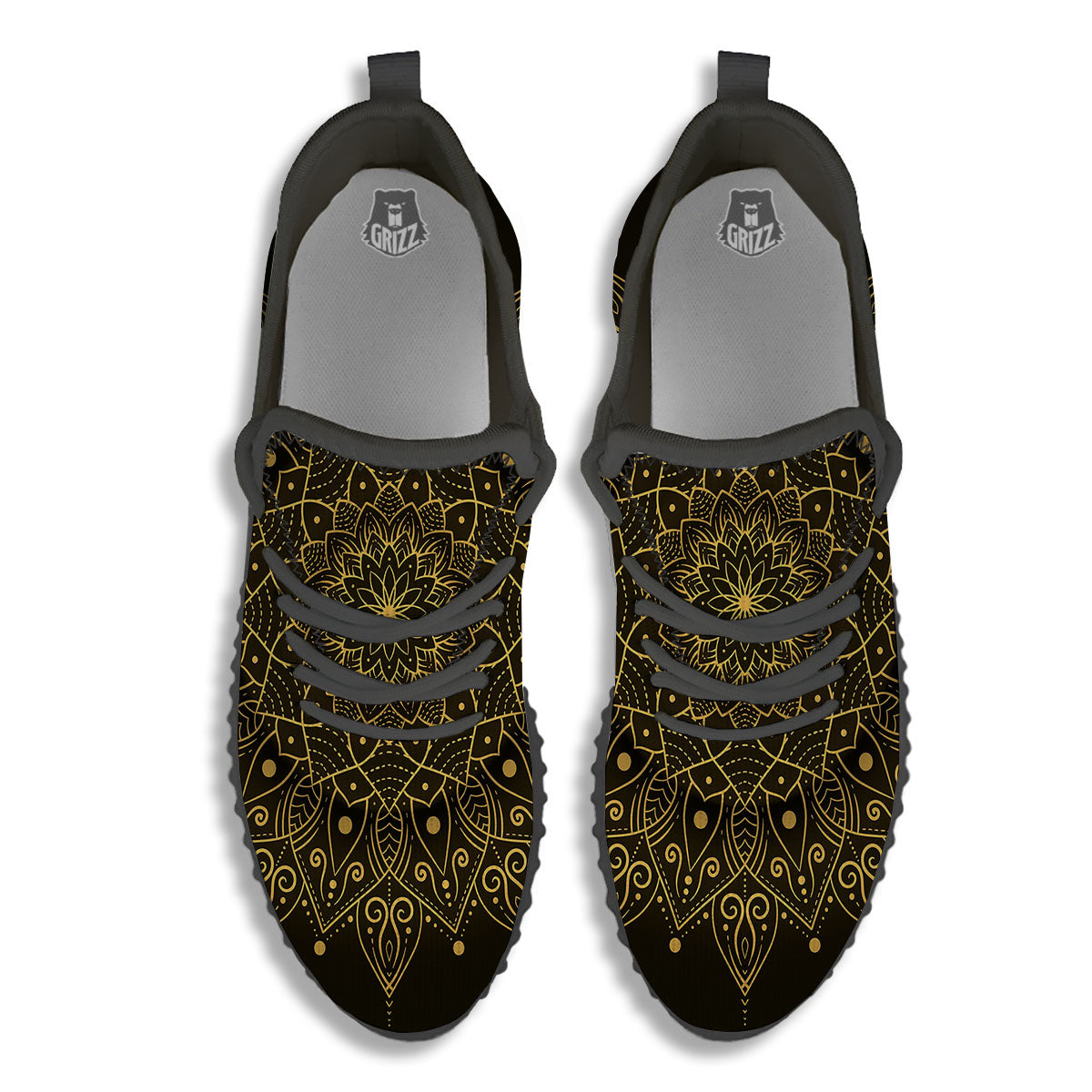 Mandala Gold And Black Print Black Walking Shoes-grizzshop
