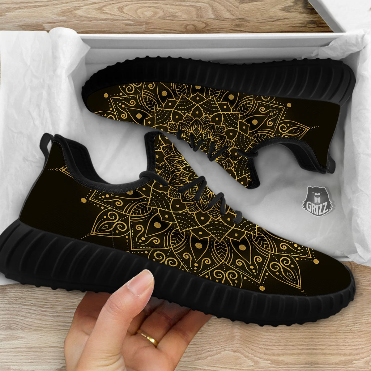 Mandala Gold And Black Print Black Walking Shoes-grizzshop