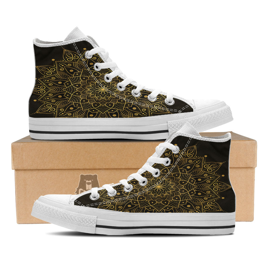Mandala Gold And Black Print White High Top Shoes-grizzshop
