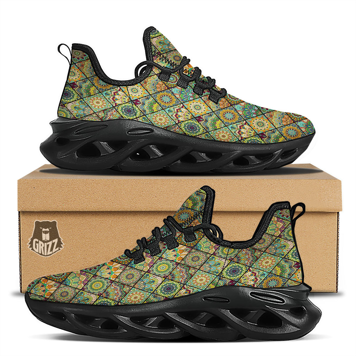 Mandala Patchwork Oval Bohemian Print Pattern Black Running Shoes-grizzshop