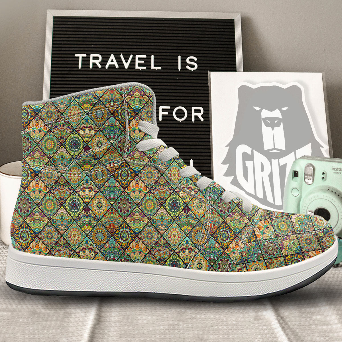 Mandala Patchwork Oval Bohemian Print Pattern High Top Sneakers-grizzshop