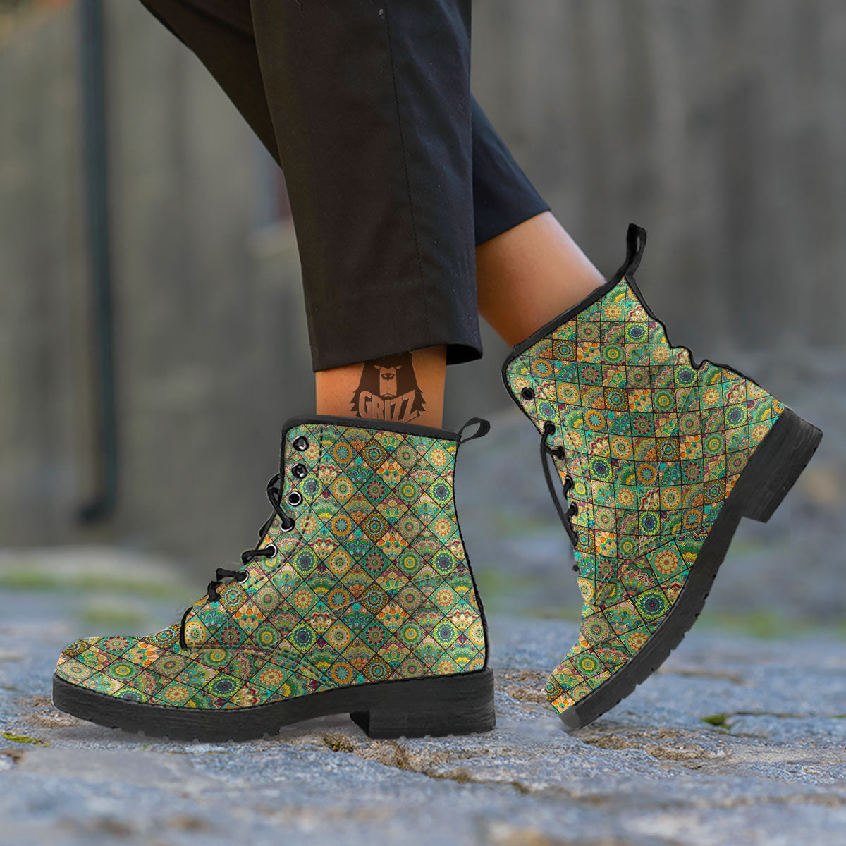 Mandala Patchwork Oval Bohemian Print Pattern Leather Boots-grizzshop