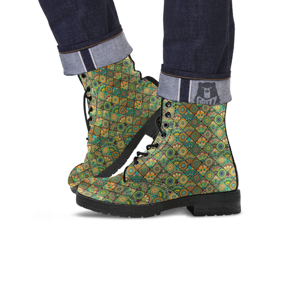 Mandala Patchwork Oval Bohemian Print Pattern Leather Boots-grizzshop