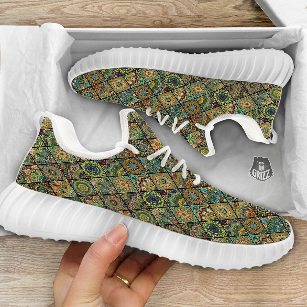 Mandala Patchwork Oval Bohemian Print Pattern White Walking Shoes-grizzshop