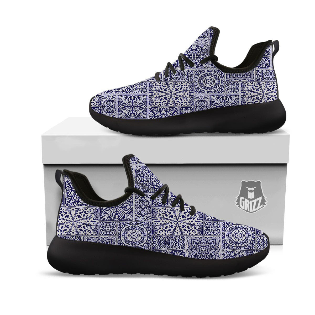 Mandala Patchwork Square Bohemian Print Pattern Black Athletic Shoes-grizzshop