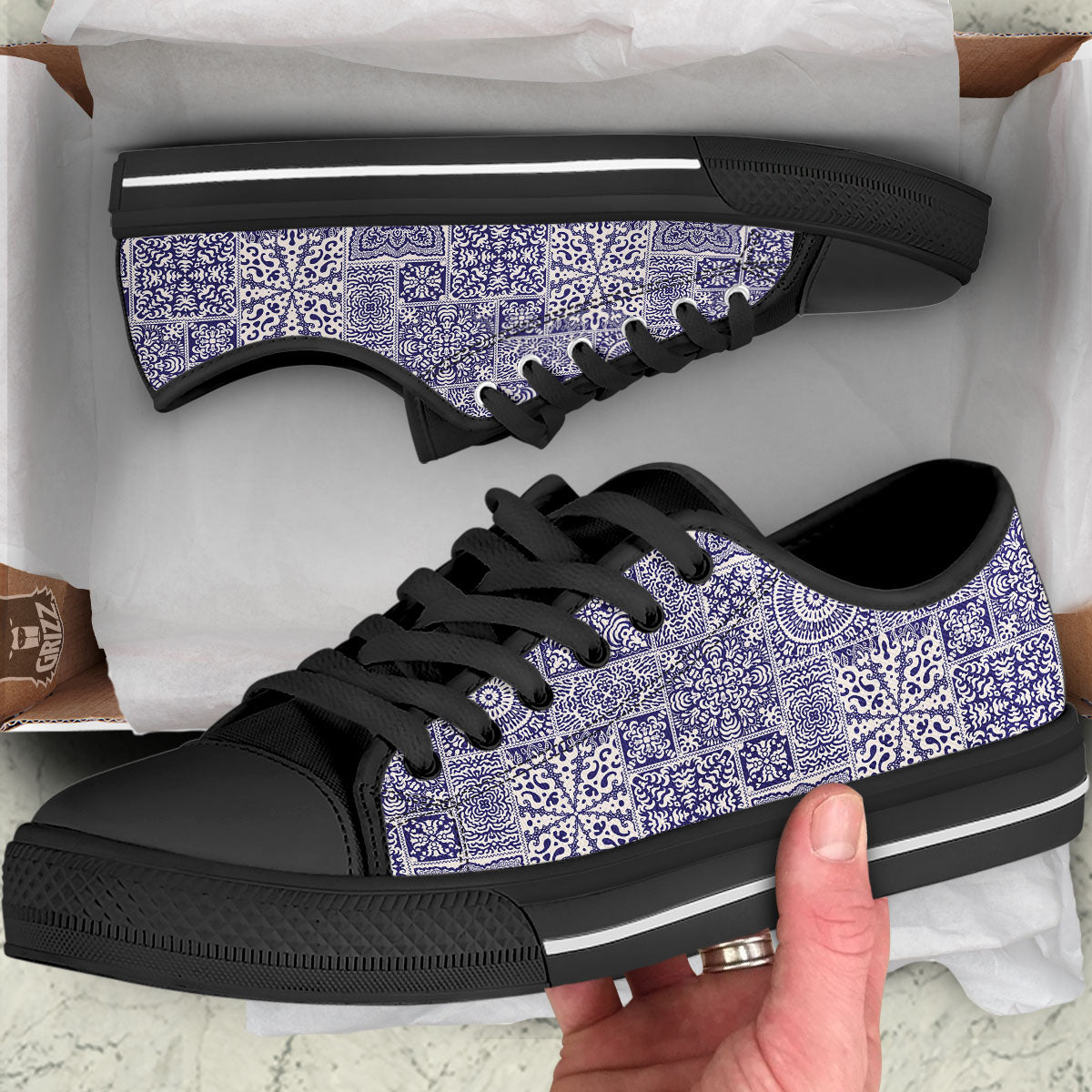 Mandala Patchwork Square Bohemian Print Pattern Black Low Top Shoes-grizzshop