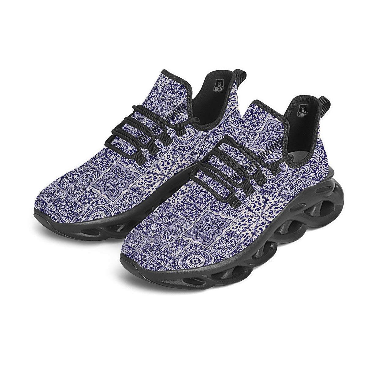 Mandala Patchwork Square Bohemian Print Pattern Black Running Shoes-grizzshop