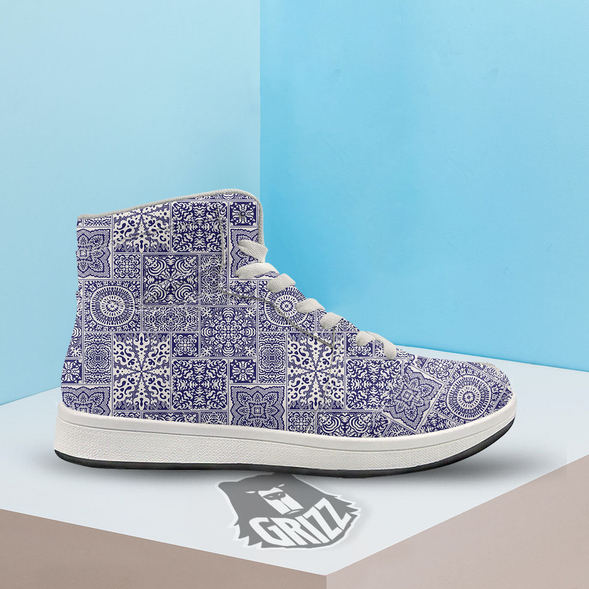 Mandala Patchwork Square Bohemian Print Pattern High Top Sneakers-grizzshop