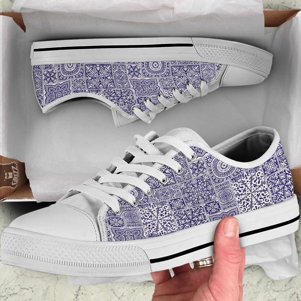 Mandala Patchwork Square Bohemian Print Pattern White Low Top Shoes-grizzshop