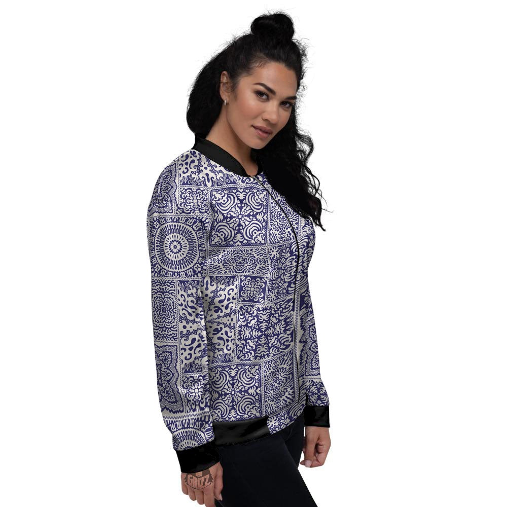 Mandala Patchwork Square Bohemian Print Pattern Women's Bomber Jacket-grizzshop