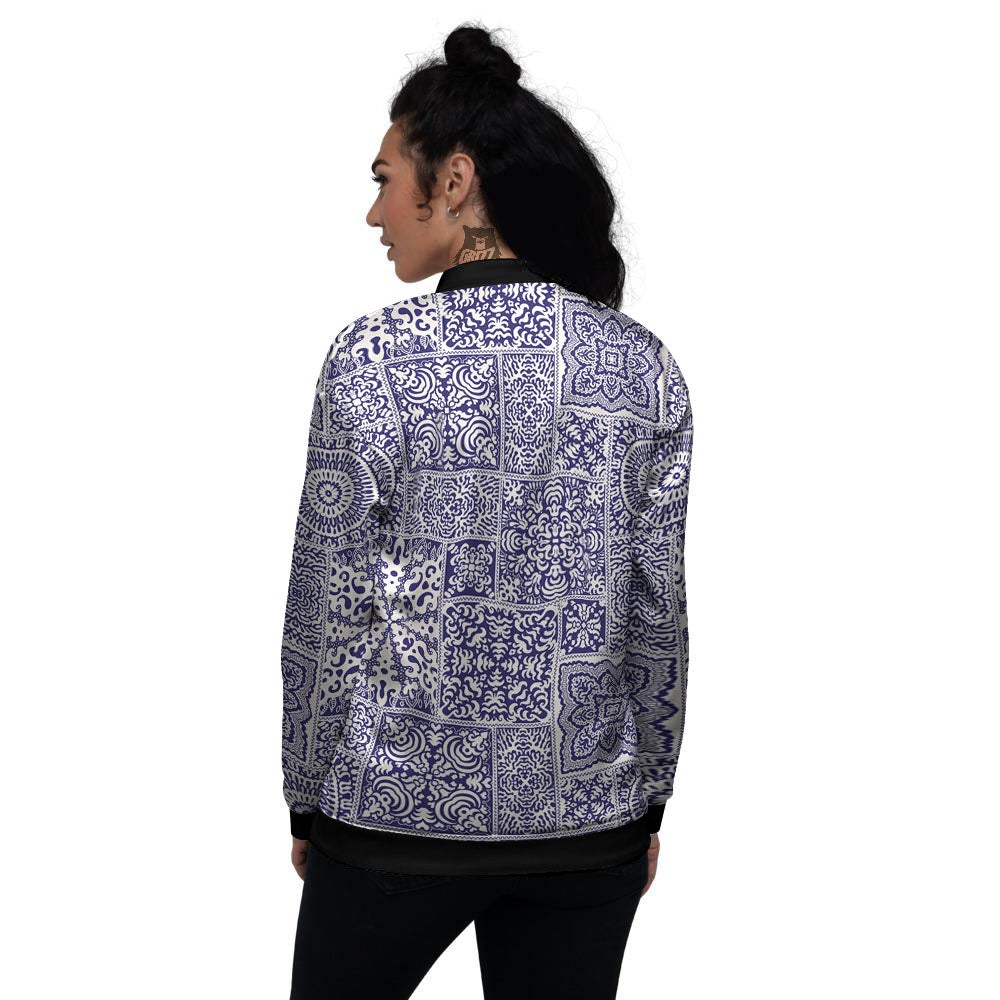 Mandala Patchwork Square Bohemian Print Pattern Women's Bomber Jacket-grizzshop