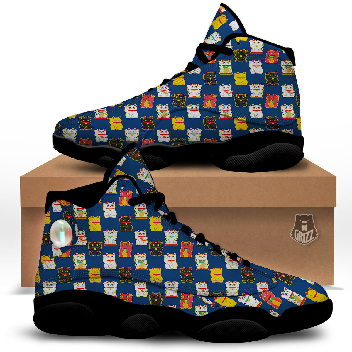 Maneki Neko Colorful Print Pattern Black Basketball Shoes-grizzshop