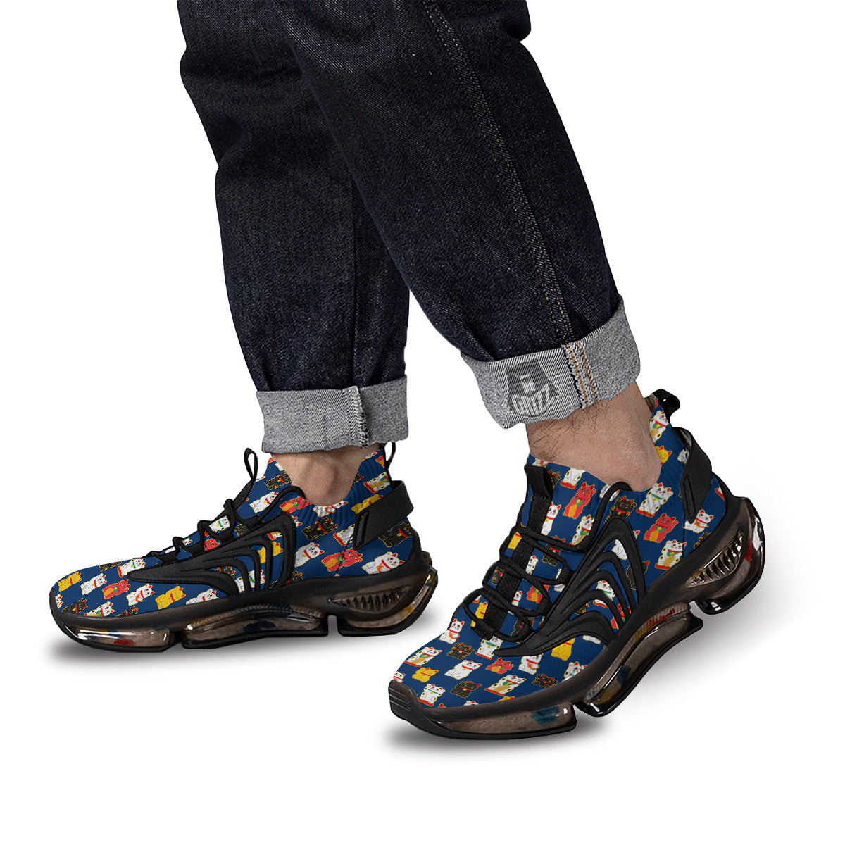 Maneki Neko Colorful Print Pattern Black Gym Shoes-grizzshop