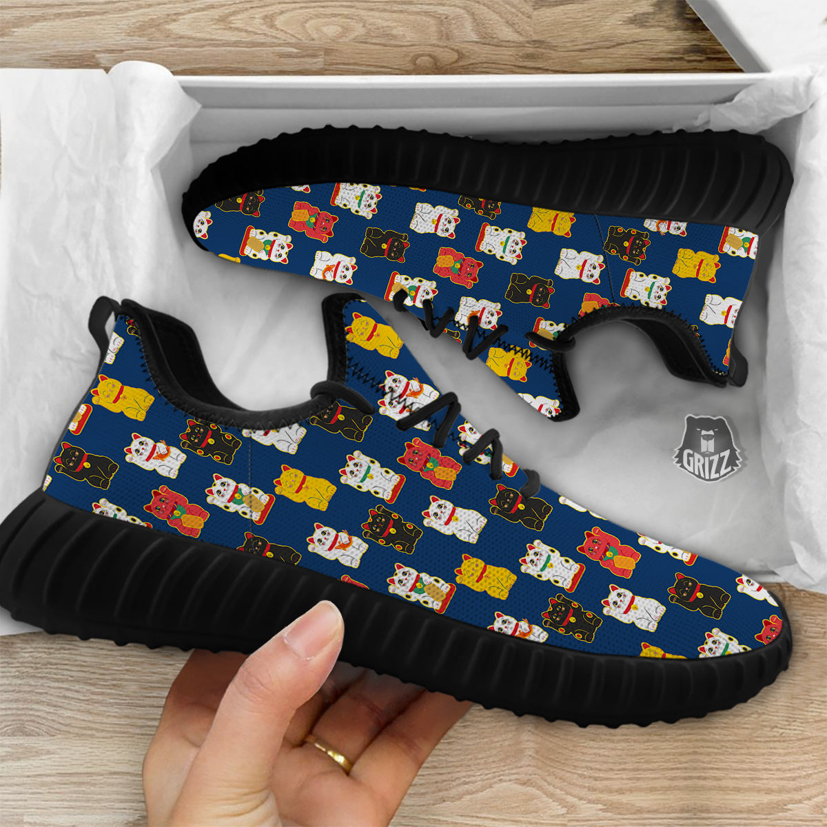 Maneki Neko Colorful Print Pattern Black Walking Shoes-grizzshop