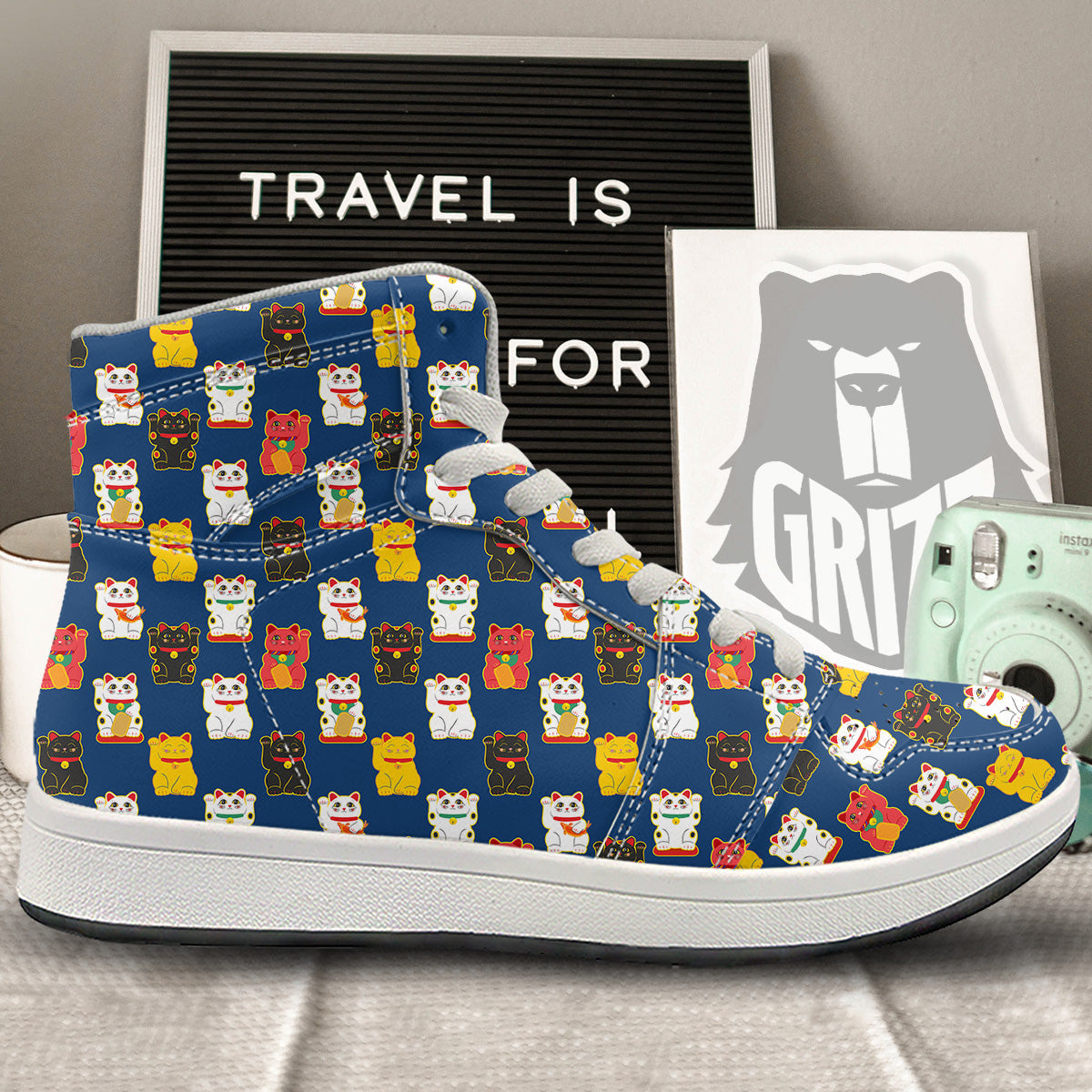 Maneki Neko Colorful Print Pattern High Top Sneakers-grizzshop
