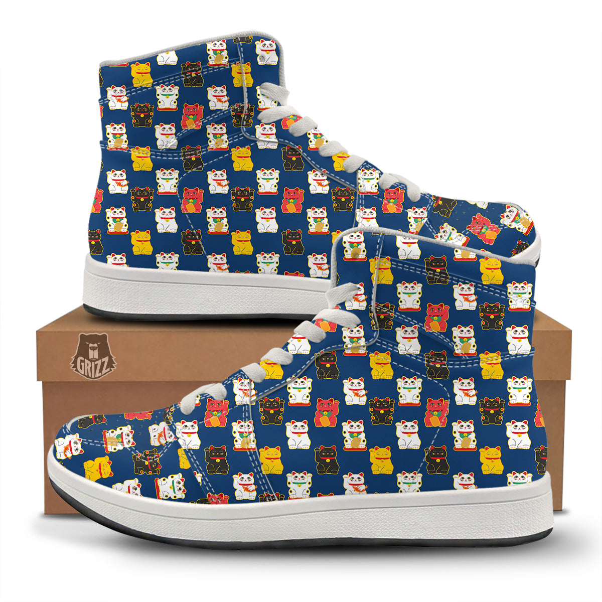 Maneki Neko Colorful Print Pattern High Top Sneakers-grizzshop