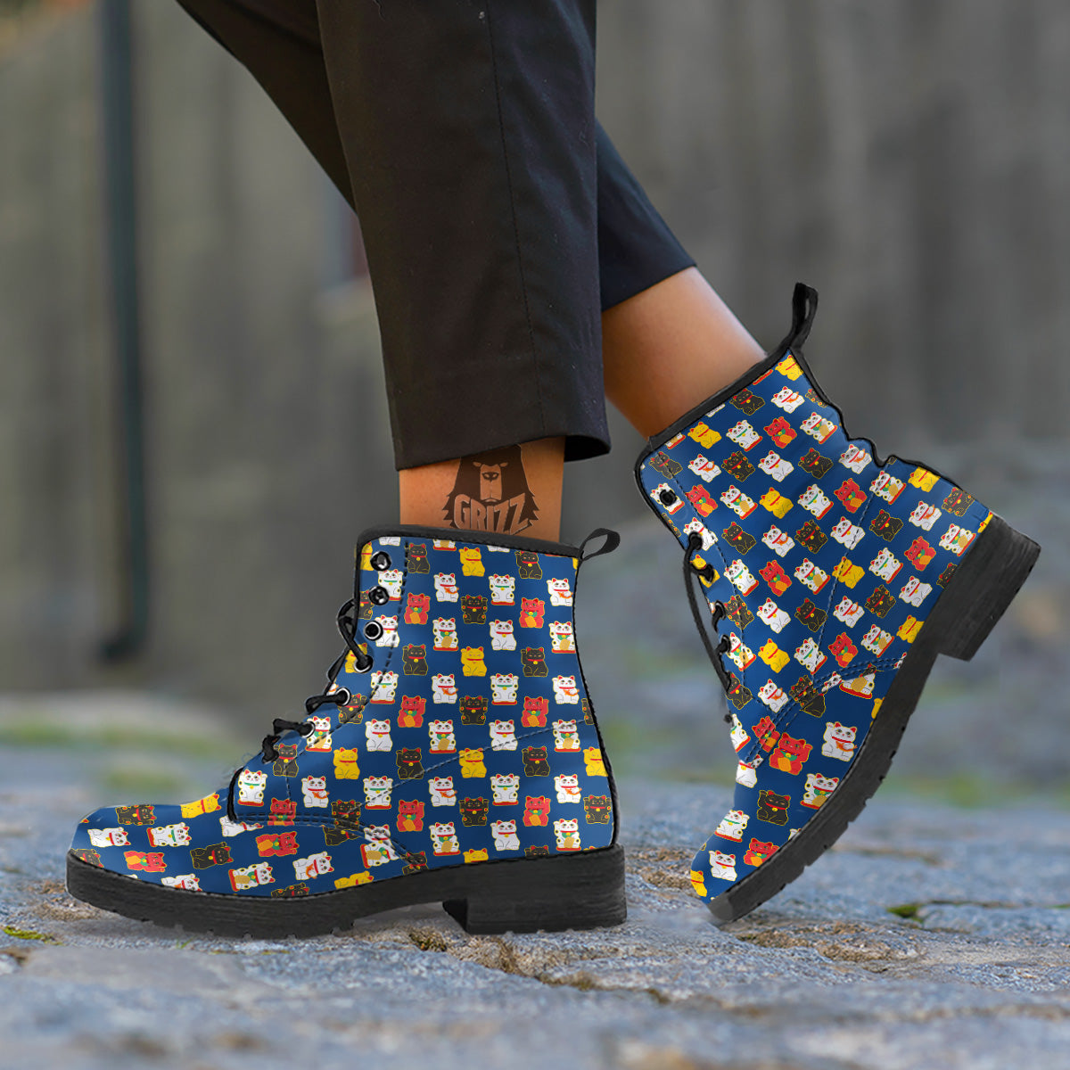 Maneki Neko Colorful Print Pattern Leather Boots-grizzshop