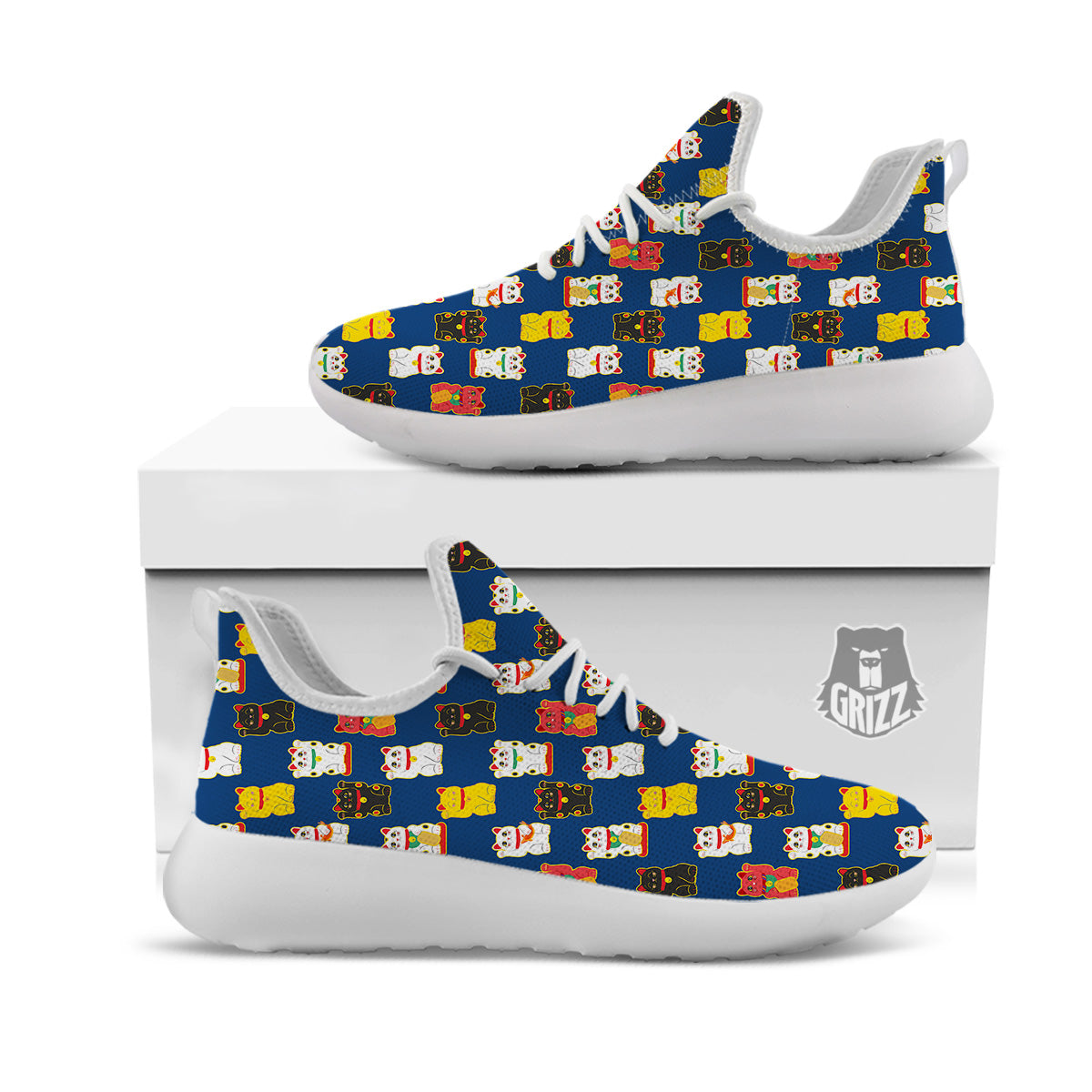Maneki Neko Colorful Print Pattern White Athletic Shoes-grizzshop