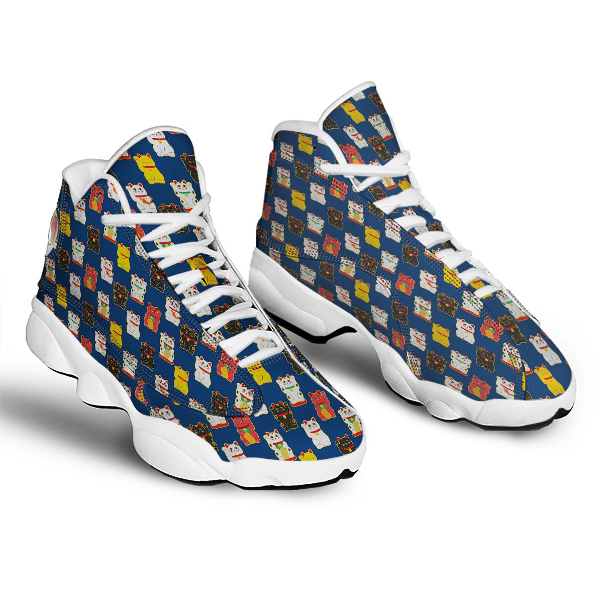 Maneki Neko Colorful Print Pattern White Basketball Shoes-grizzshop