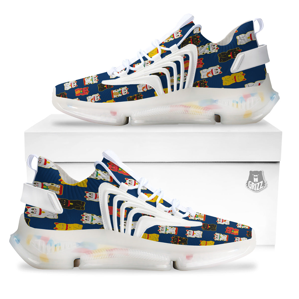 Maneki Neko Colorful Print Pattern White Gym Shoes-grizzshop