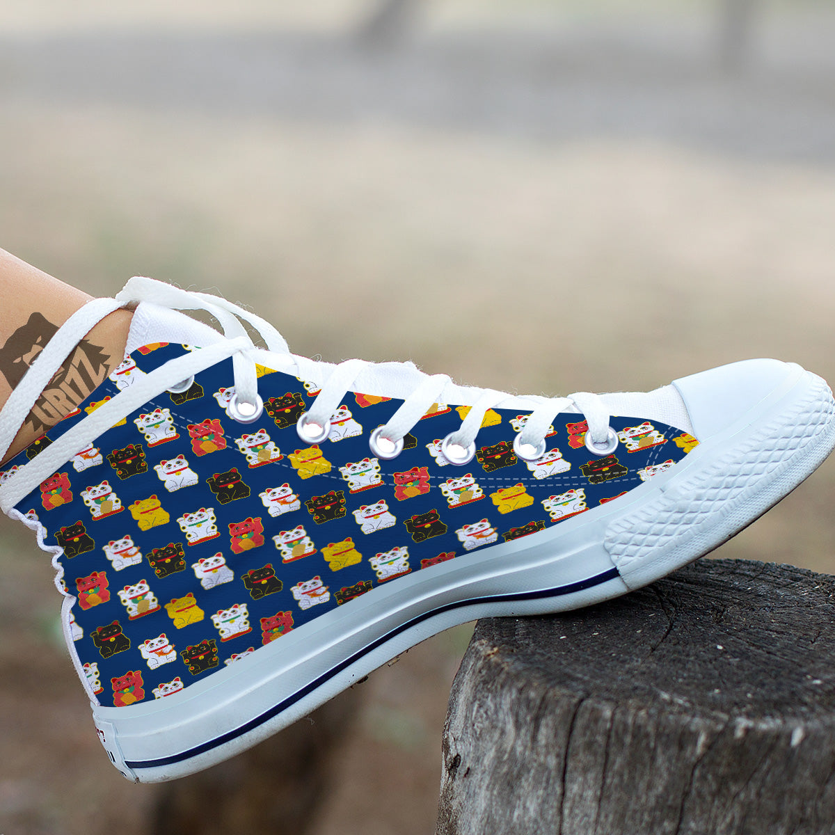 Maneki Neko Colorful Print Pattern White High Top Shoes-grizzshop