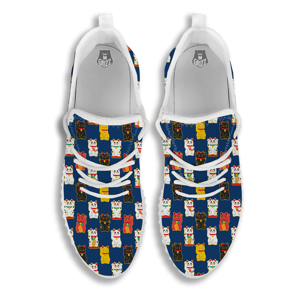 Maneki Neko Colorful Print Pattern White Walking Shoes-grizzshop