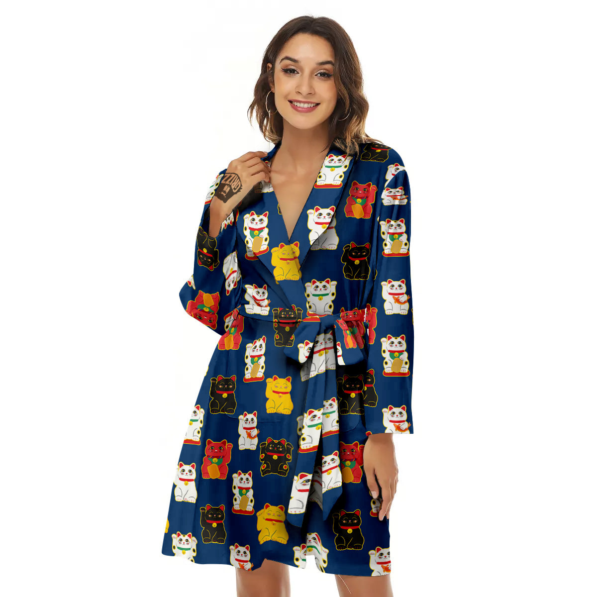 Maneki Neko Colorful Print Pattern Women's Robe-grizzshop