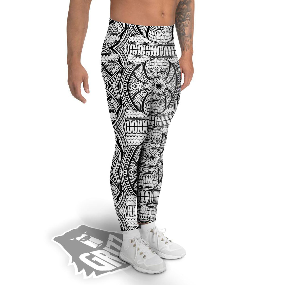 Maori Polynesian White And Black Print Men's Leggings-grizzshop