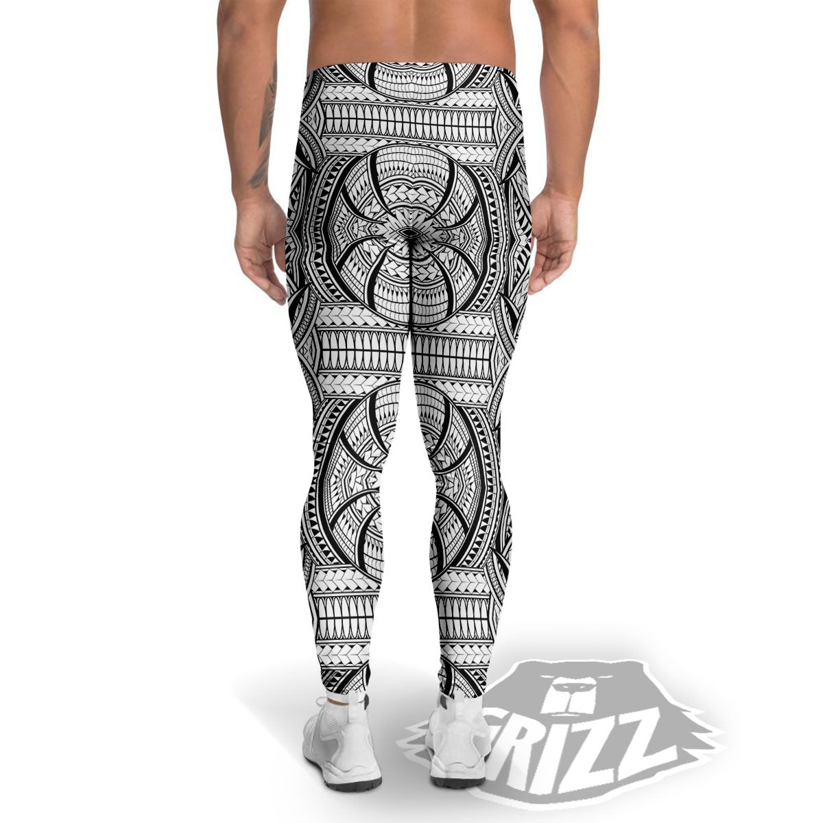 Maori Polynesian White And Black Print Men's Leggings-grizzshop