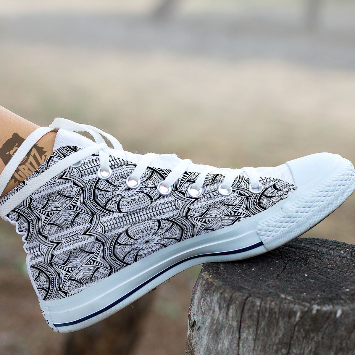 Maori Polynesian White And Black Print White High Top Shoes-grizzshop