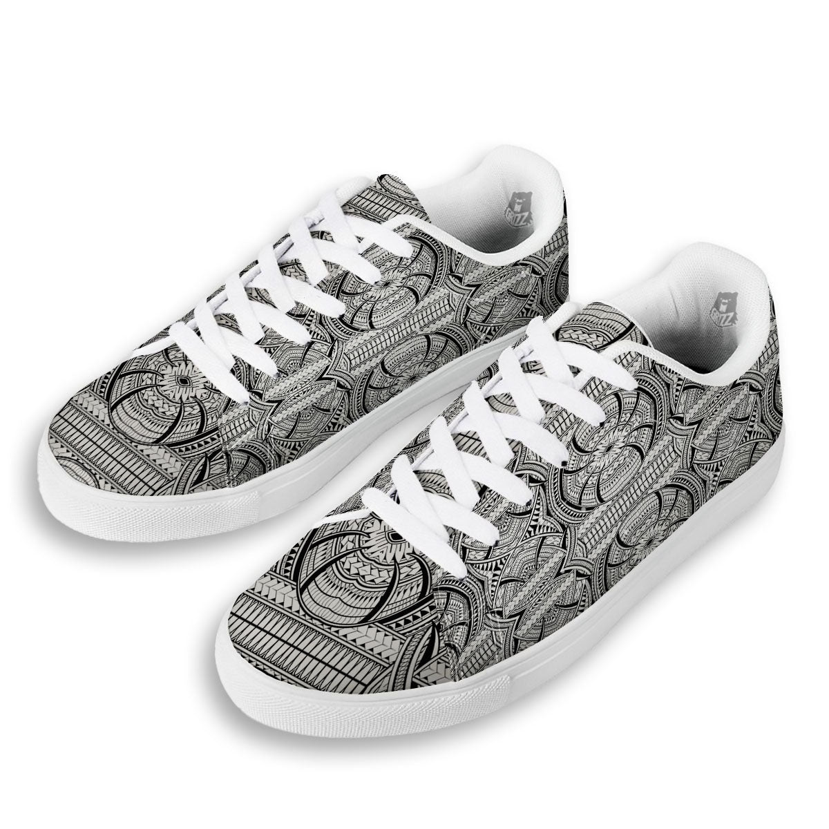 Maori Polynesian White And Black Print White Low Top Sneakers-grizzshop