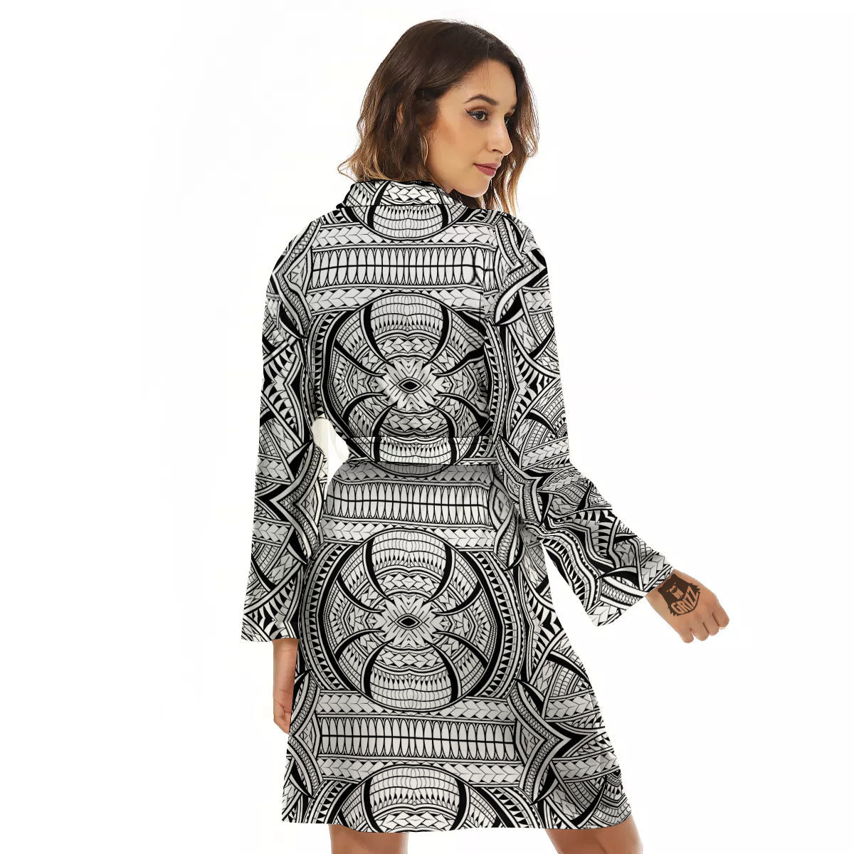 Maori Polynesian White And Black Print Women's Robe-grizzshop