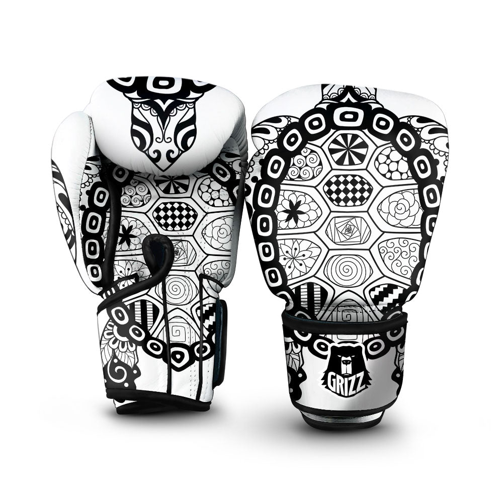 Maori Sea Turtle White And Black Print Boxing Gloves-grizzshop