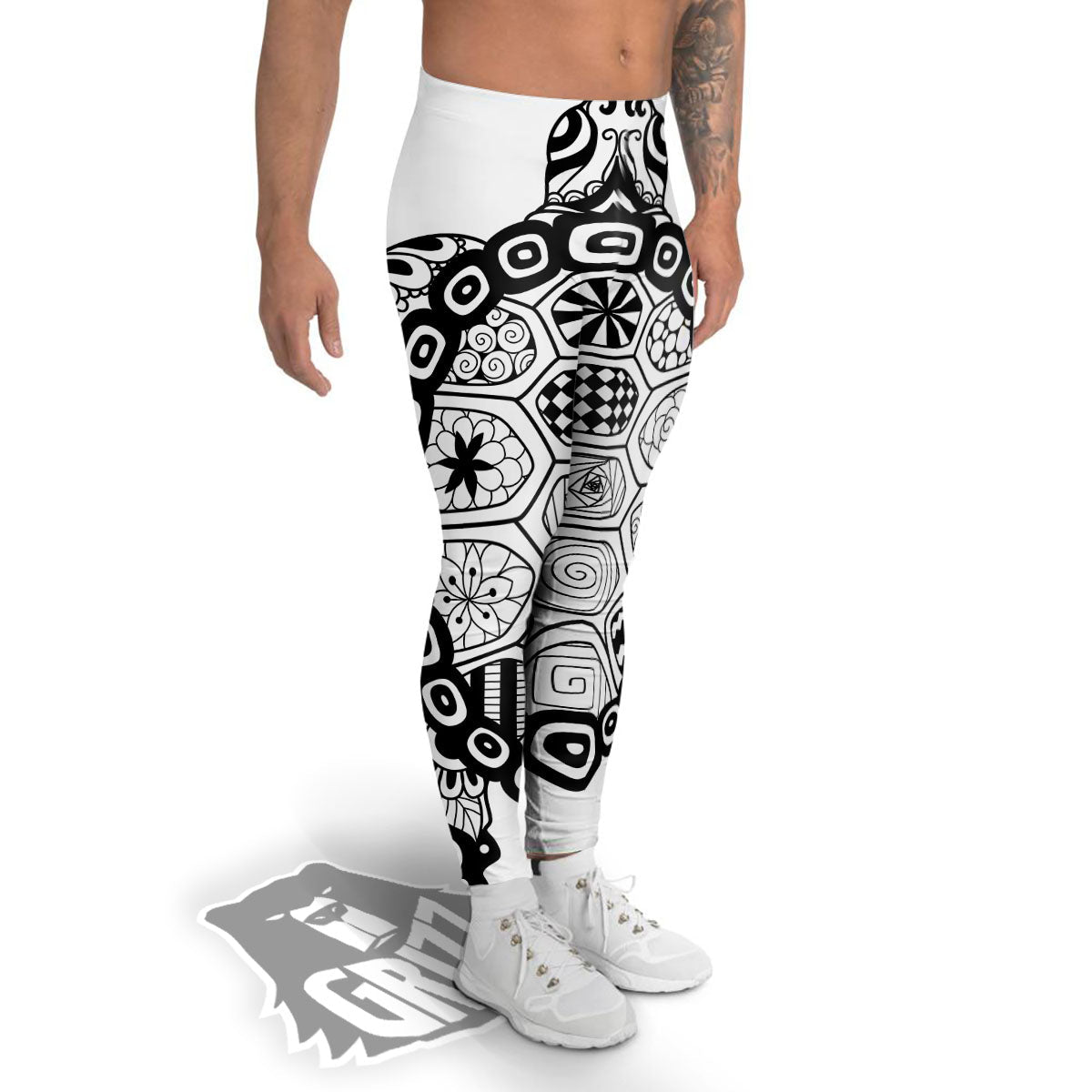 Maori Sea Turtle White And Black Print Men's Leggings-grizzshop
