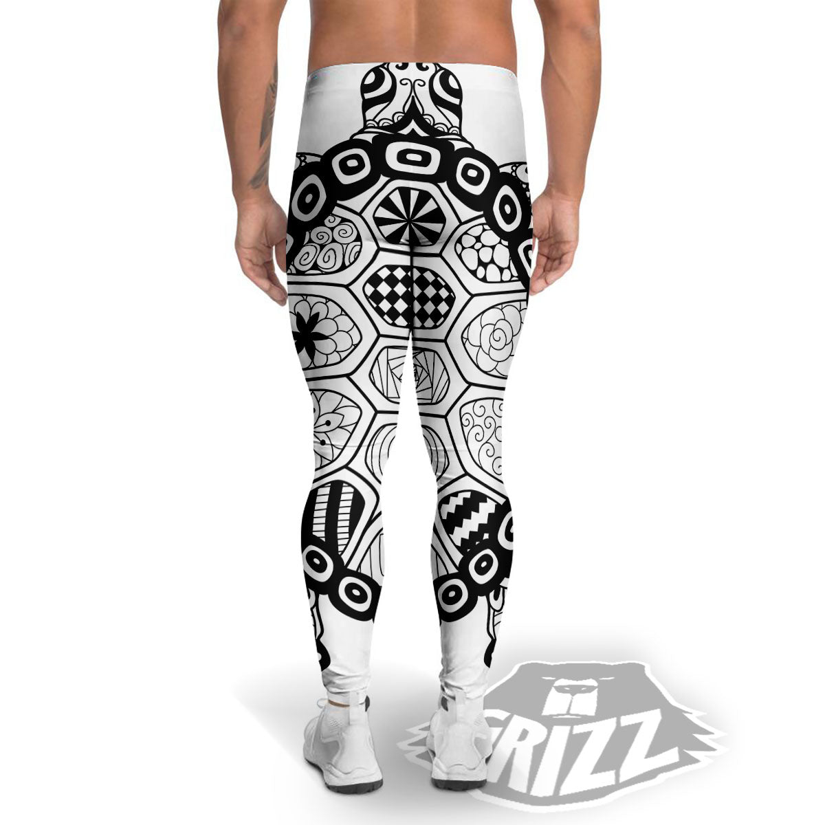 Maori Sea Turtle White And Black Print Men's Leggings-grizzshop