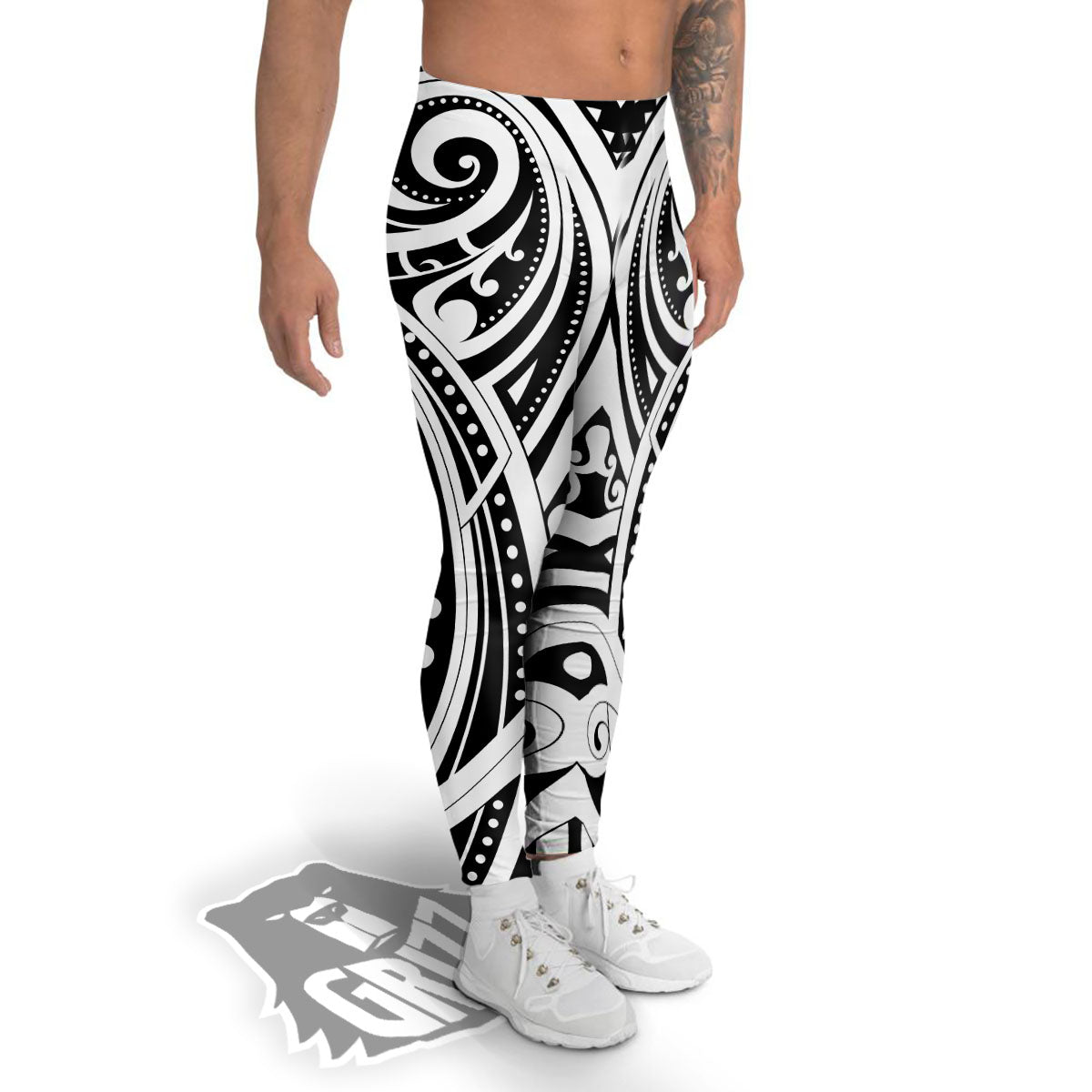 Maori Tattoo White And Black Print Men's Leggings-grizzshop