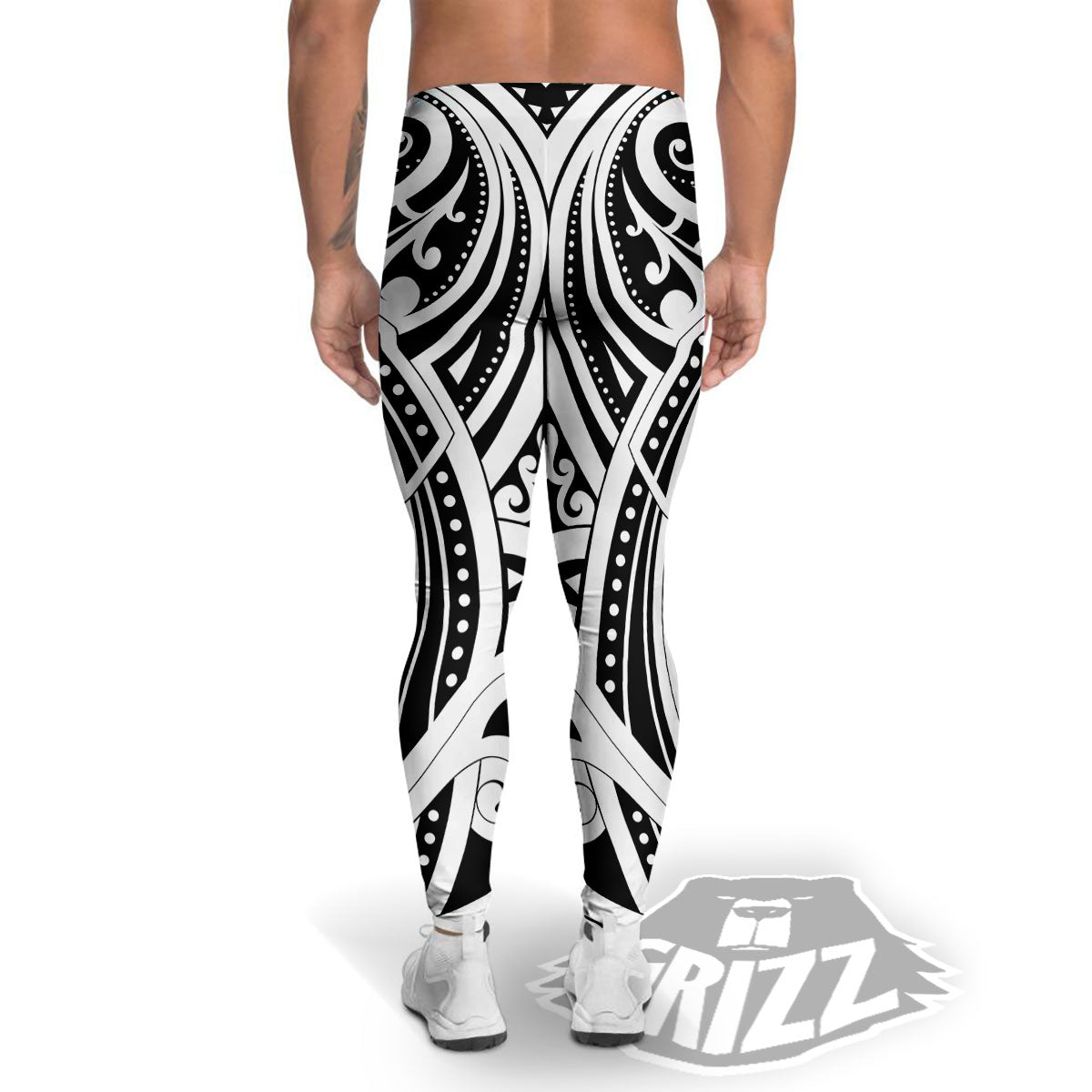 Maori Tattoo White And Black Print Men's Leggings-grizzshop