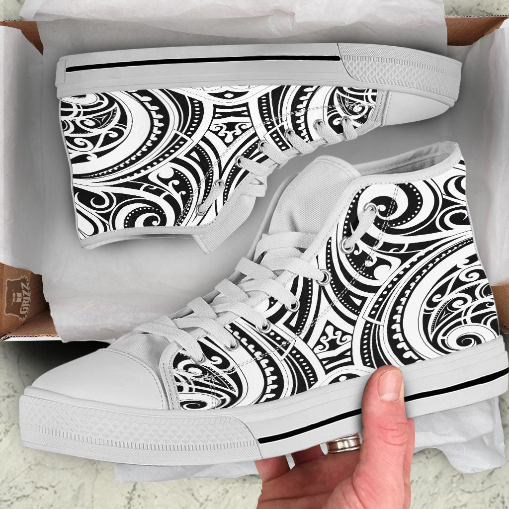 Maori Tattoo White And Black Print White High Top Shoes-grizzshop