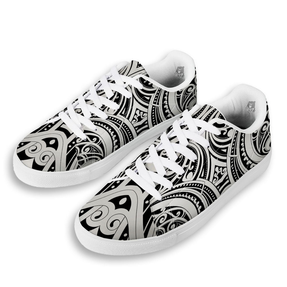 Maori Tattoo White And Black Print White Low Top Sneakers-grizzshop