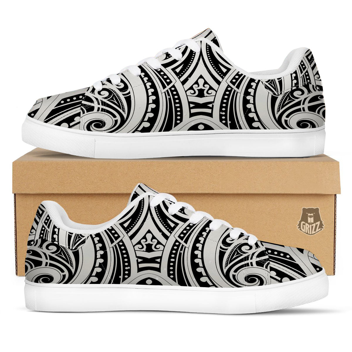 Maori Tattoo White And Black Print White Low Top Sneakers-grizzshop